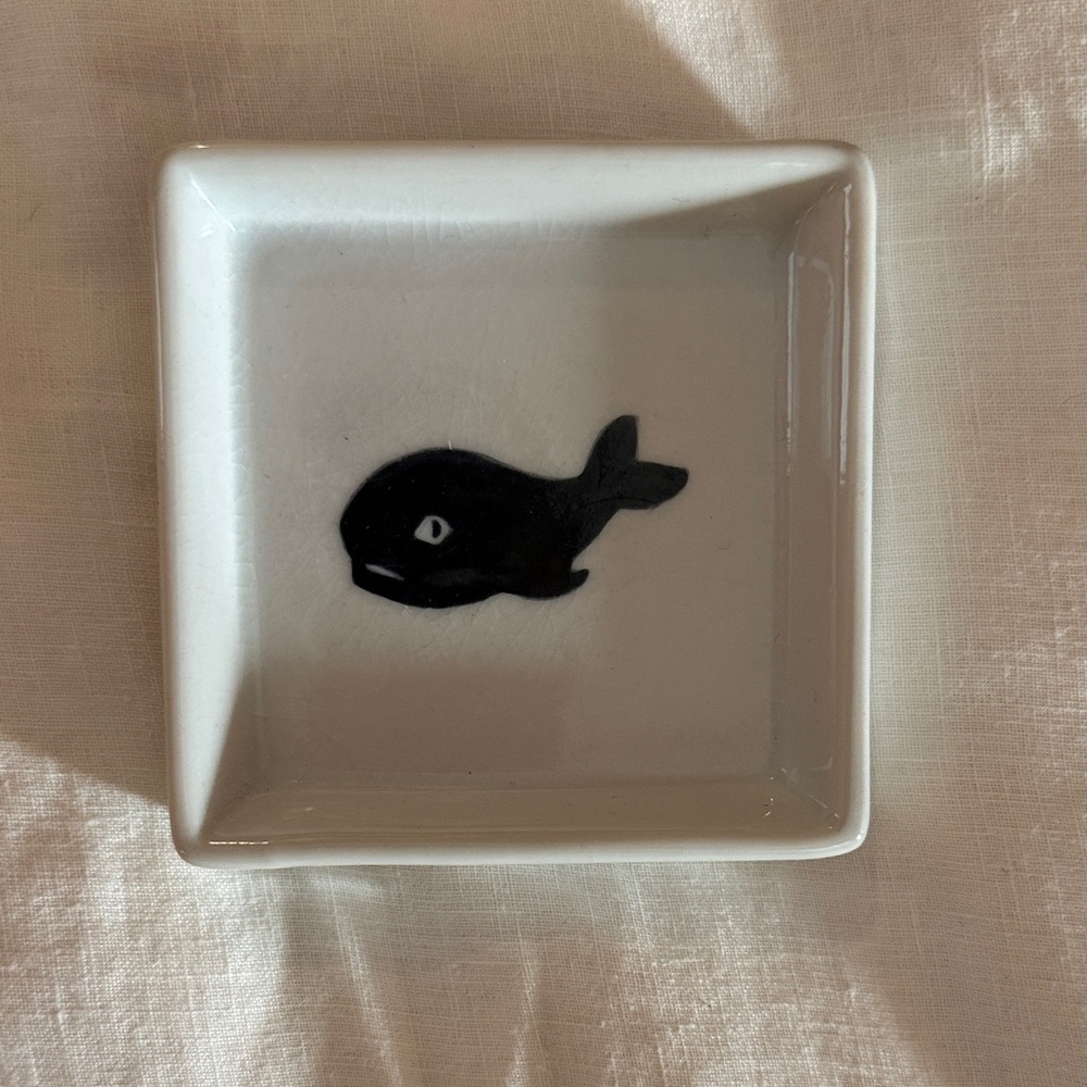 White Square Ceramic Dish with Black Whale Motif
